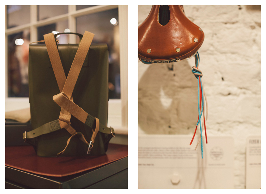 Brooks cycling bag and saddle hanging on the wall. Photography Jasper Fry