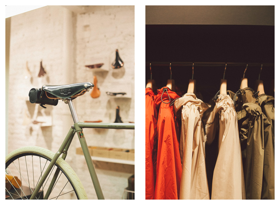 Left: Brooks saddle on bicycle. Right, mens jackets. Photography Jasper Fry