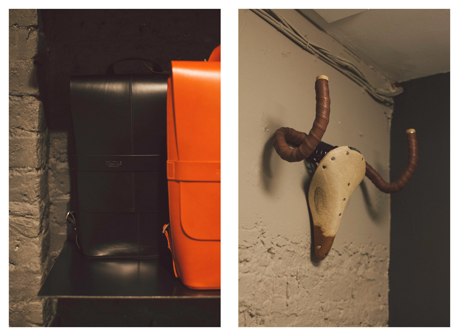 Left: satchel bag details. Right, saddle and handle bars on wall. Photography Jasper Fry