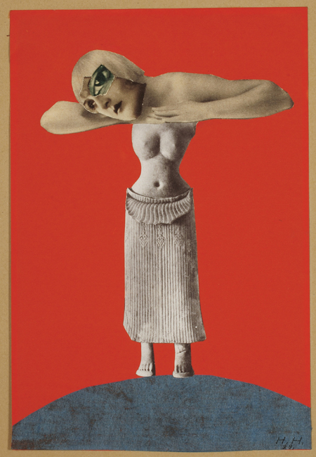 Ohne Titel (Aus einem ethnographischen Museum) (Untitled  1930 Collage</figcaption></figure></p>
<p>Less about narrative, more symbolic, her work of the 1950s delved into material form, abandoning the figurative in favour of an attention to texture and materials. Themes such as flight, exploration and dreams appear time and time again through works such as ‘Swamp Spirit’, creating abstract grounded in tactile composition and natural imagery, where ‘feeling’ seems to play a more significant role than a clear aesthetic. As with Höch’s earlier work, themes and images are recycled through this post-war period. Colour also comes to play a much more significant role here, largely due to her use of contemporary magazines which had themselves become more colourful.</p>
<p>By the 1960s, Höch once again revisited her interest in the figurative. ‘Homage to Riza Abasi’ features Audrey Hepburn atop the torso of a belly-dancer, drawing attention to different forms of beauty through the imperfection of the match. </p>
<p>“I suppose that every imaginative artist has some reoccurring obsessions”, a quote from Höch reads on a nearby wall. And Höch’s obsessions are generously explored through the exhibition.</p>
<p><a href=