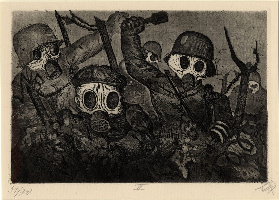 Stormtroops advancing under a gas attack [Sturmtruppe geht unter Gas vor], Etching and aquatint on paper