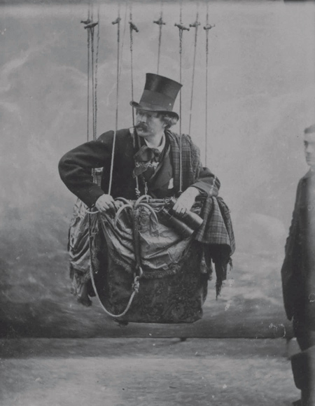 Nadar aloft...in his studio. The photo was probably taken in 1865, the year Nadar published, <em>Le Droit au Vol (The Right to Flight)</em>, in which he made the case for heavier-than-air flight and called for the invention of the "aerolocomotive". Courtesy of Bibliotèque de France