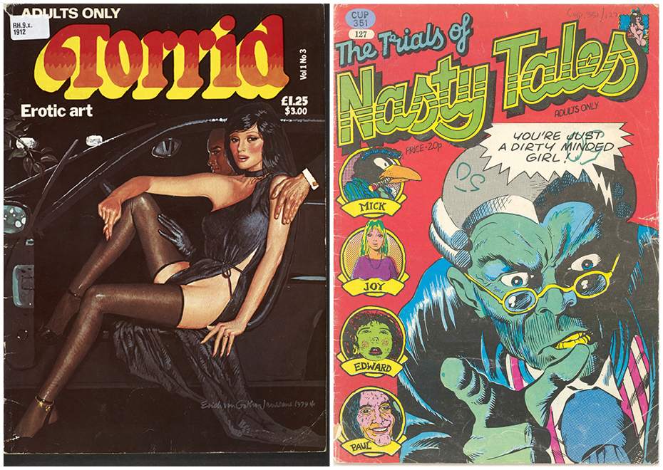 Left: Torrid Erotic Art, 1979, (c) Erich von Götha - Robin Ray. Right: Trials of Nasty Tales 1973. Artwork © Dave Gibbons