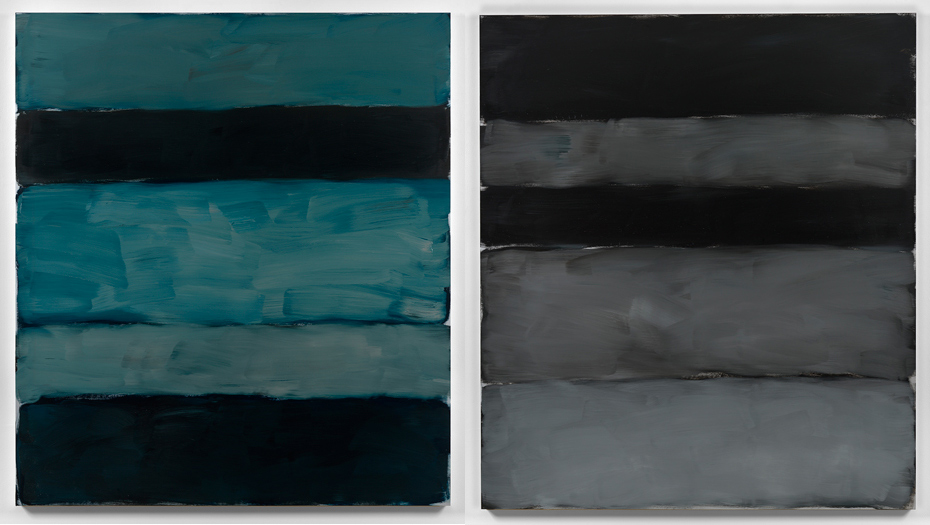 Left: Sean Scully  ‘Landline Blue’,  2014 Oil on alum; Right: Sean Scully  ‘Landline Grey Grey’,  2014 Oil on aluminium