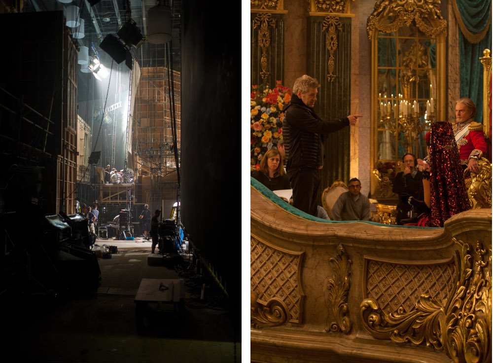 Left – Behind the scenes on the set of Cinderella. Right – Kenneth Branagh directing Derek Jacobi as the King in Cinderella