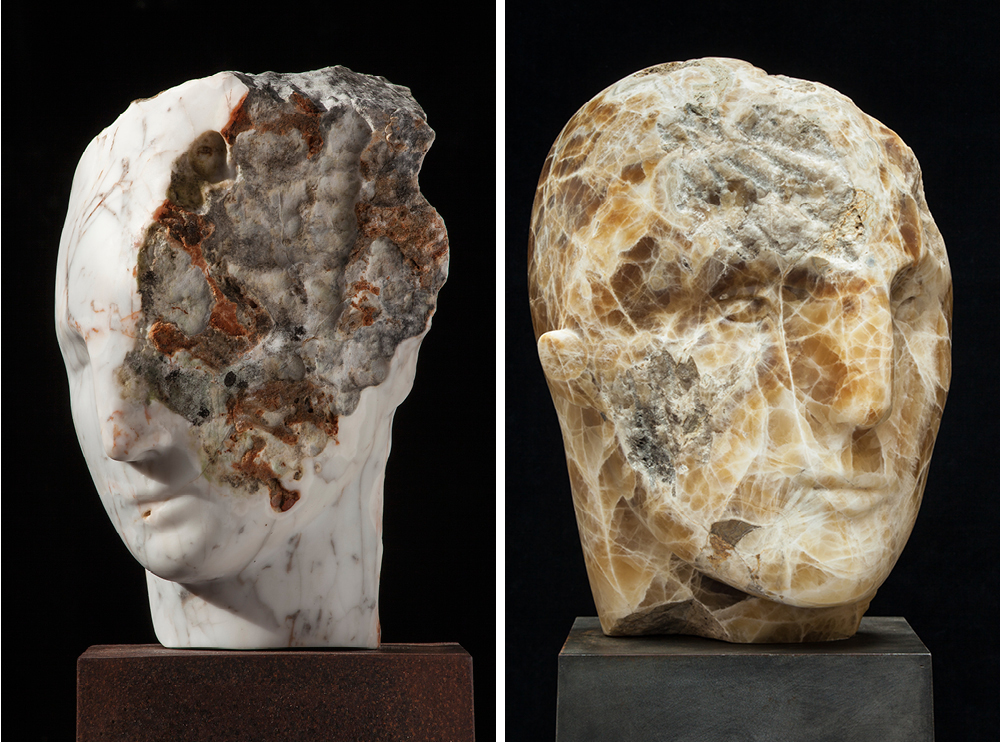 Left: Emily Young, Rosea Marble Head, 2015, Rosea Marble, 30x20x26cm. Right: Emily Young, Mont Amiata Warrior, clastic igneous rock, 51x41x47 cm, 2012. © Emily Young, courtesy of The Fine Art Society.