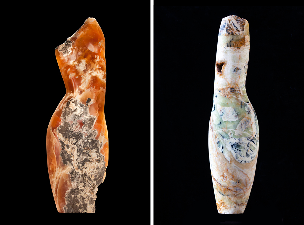 Left: Emily Young, Clouded Torso, 2015, Caramel Onyx, 30x25x9cm. Right: Emily Young, Primavera Torso, 2015, Brecchiated Onyx, 72x20x7cm. 