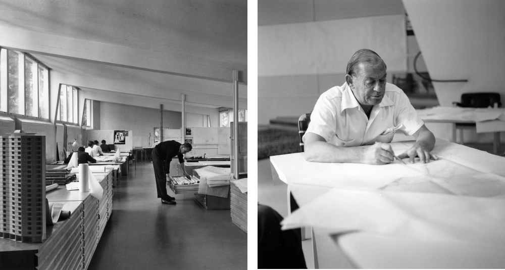 Left: The fully functioning Studio Aalto in the 1960s Photo by Heikki Havas © Alvar Aalto Museum – Right: Alvar Aalto at work