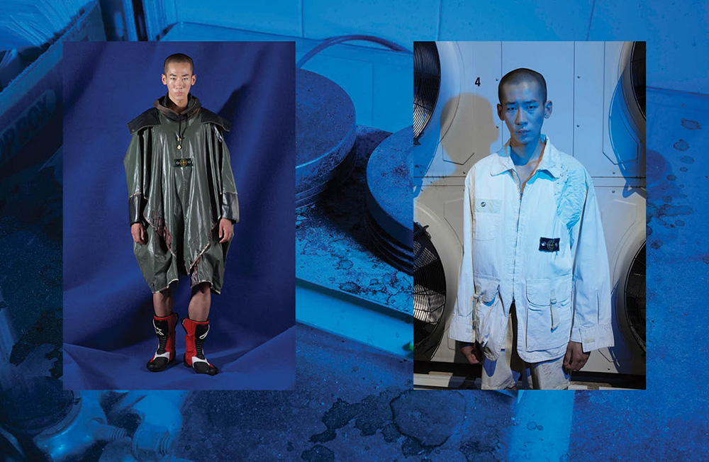 Left: Impregnated cotton canvas jacket with special pigmented resin in contrasting colours and cotton canvas shorts SPRING SUMMER 1983 – Right: Cotton canvas hooded cape with thick matte PVC coating and metal eyelets AUTUMN WINTER 1983
