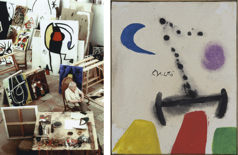 Left: Joan Miró, Son Abrines, 1978, Photo Jean Marie del Moral. Right: Joan Miró, Woman in front of the moon, 1978, Oil on canvas, 27 x 22 cm (10.6 x 8.7 in.) Courtesy of Mayoral