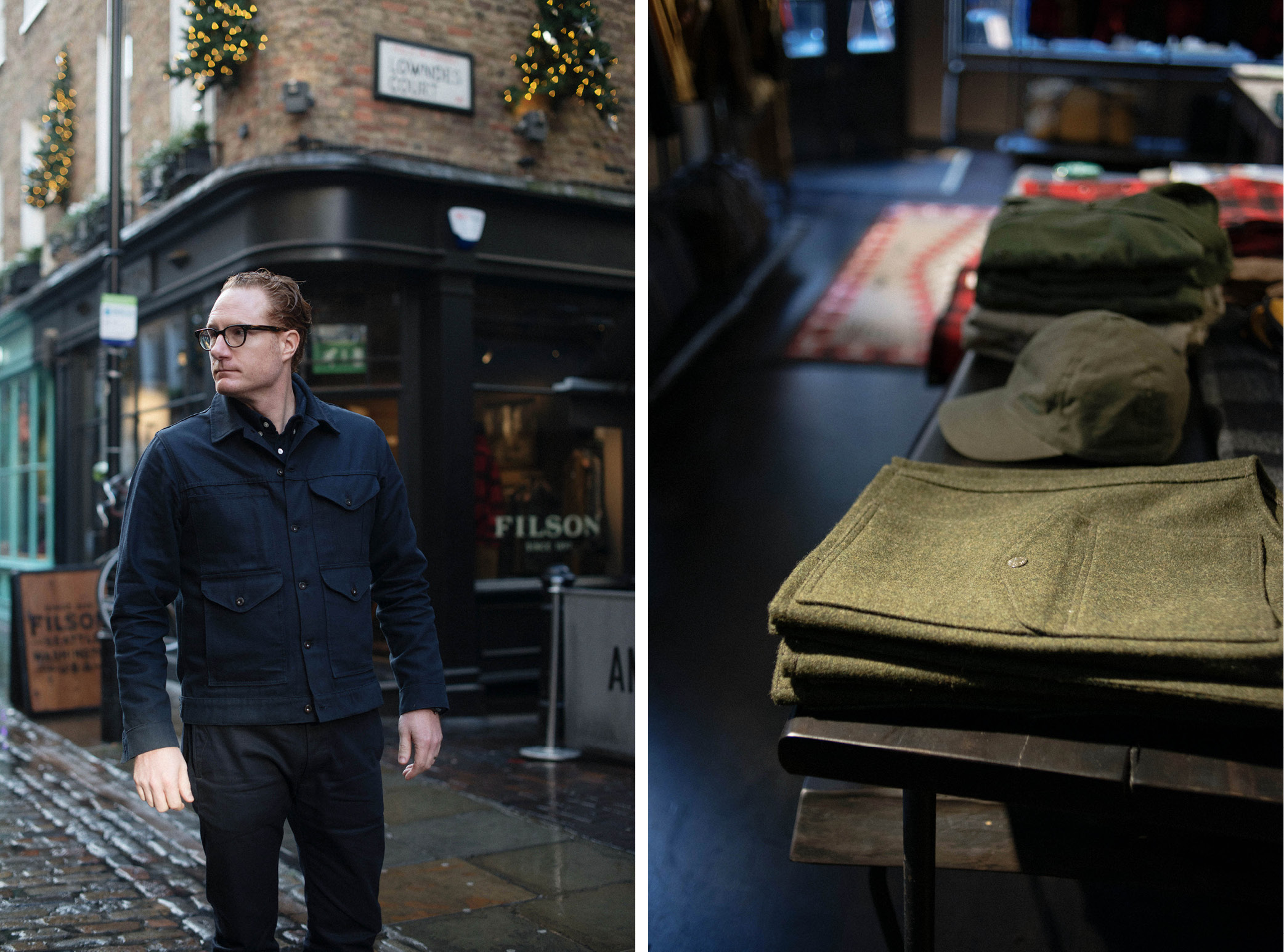 Left: Gray Madden, president of Filson, outside the London store in Newburgh Street – Right: Inside the store