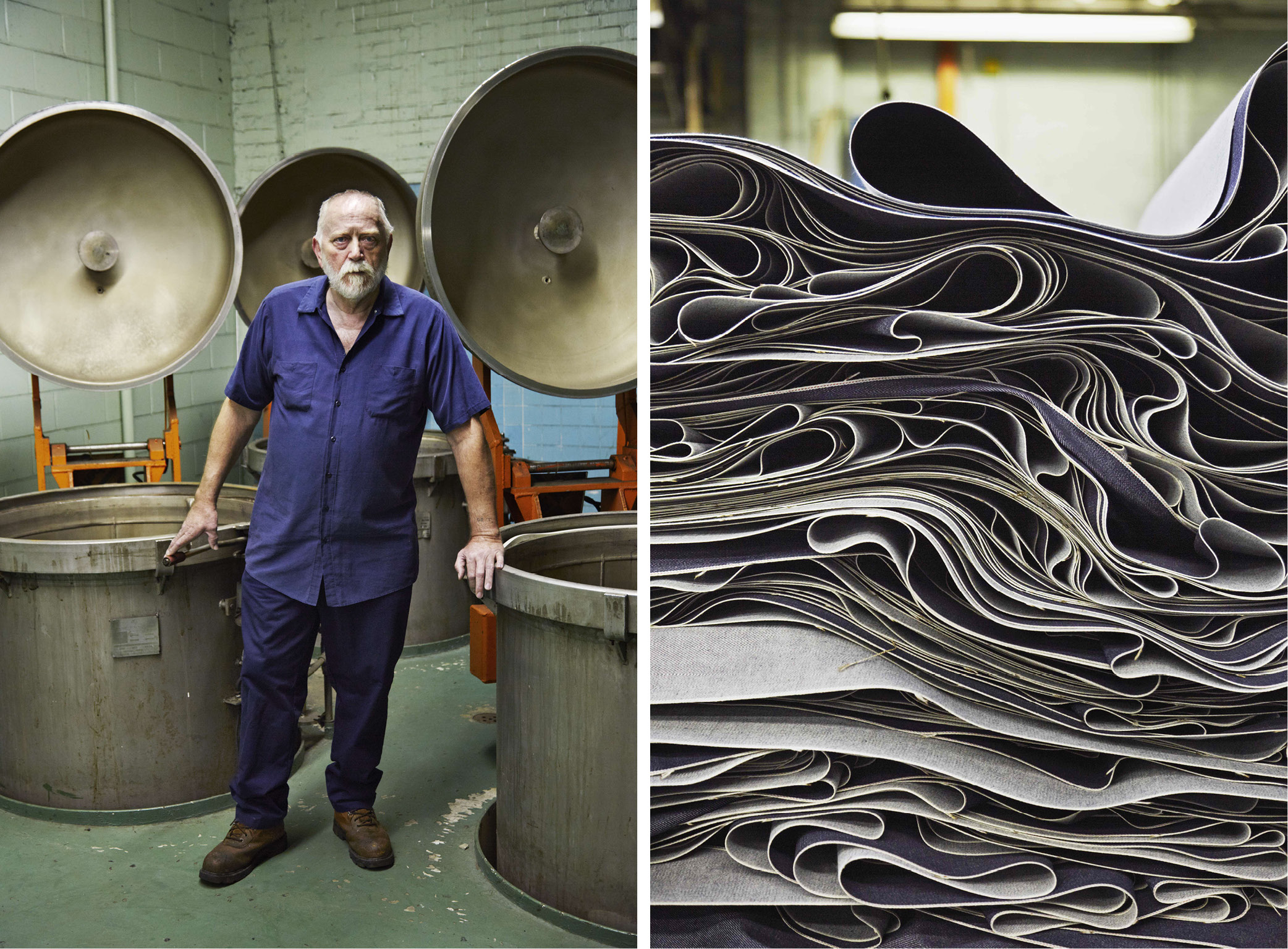 Left: Wayne Turner, dyeing overhauler, monitors dye vats where selvage yarns are dyed – Right: waves of narrow selvage denim fall gracefully as it moves through the finishing process at White Oak 
