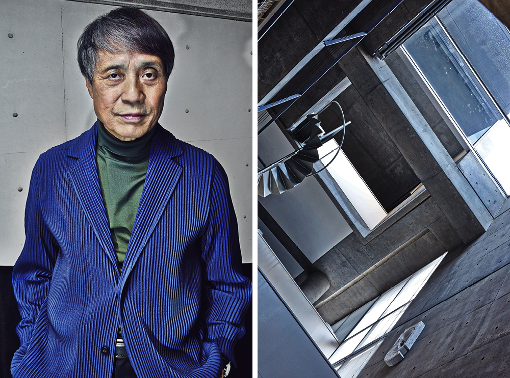 Left: Tadao Ando in his studio – Right: The impeccably smooth concrete surfaces that have become Ando’s trademark are particularly prominent in the atrium of his studio