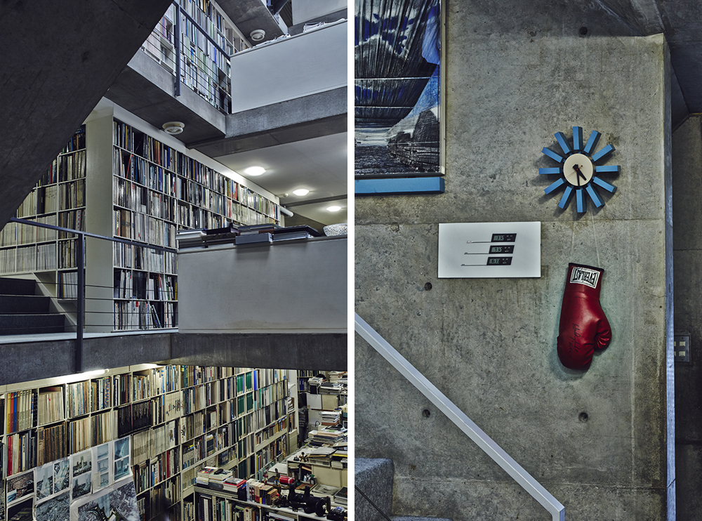 Left: Walls throughout the building accommodate shelves filled with books and magazines – Right: A boxing glove signed by Evander Holyfield hangs from George Nelson’s Block Clock in the stairwell