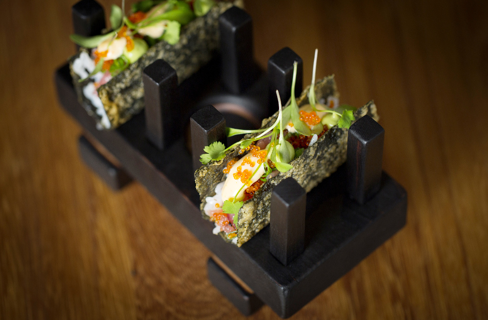 Open temaki of toro tartare, scallion tobiko, sushi rice, spiced mayonnaise