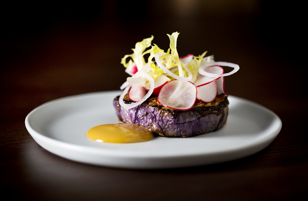 Pale aubergine, crispy shallots, aka miso glaze, herb salad