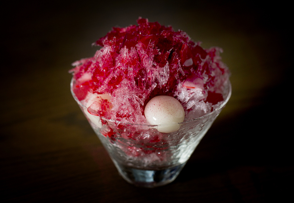 Rhubarb, hibiscus, mochi kakigori