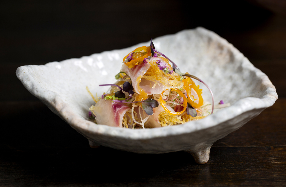 Sea bass sashimi salad with myoga and shiso, apple oroshi, ponzu dressing