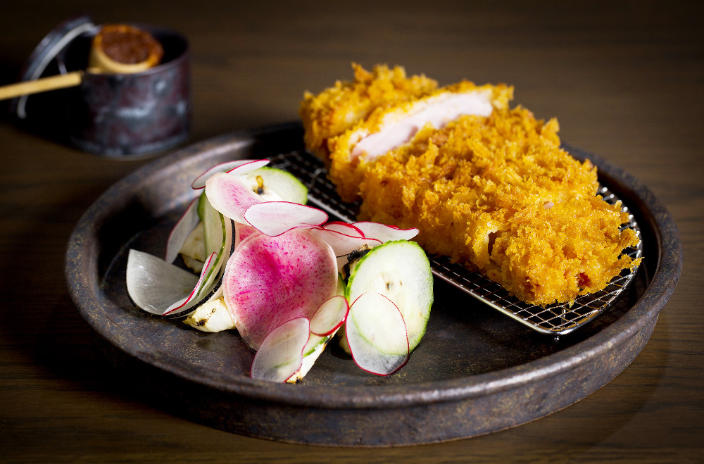 Ton katsu crumbed pork, seasonal radishes, kombu dressing