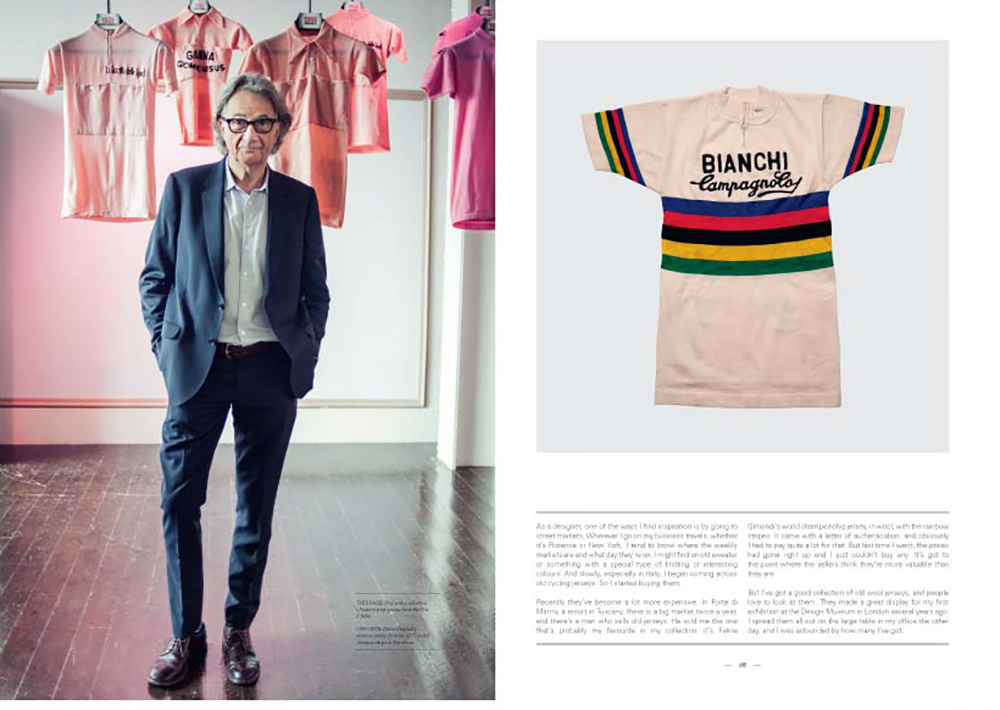 Left: Paul Smith with a collection of historic pink jerseys from the Giro – Right: Felice Gimondi’s world championship jersey from 1973