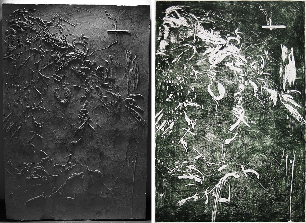 Left: Chen Shunlong, Return 1, 2013, Experimental woodcut (gypsum sculpture), 184x122x10cm, Courtesy of the artist – Right: Chen Shunlong, Return 1, 2014, Woodcut, 184x122x10cm, Courtesy of the artist