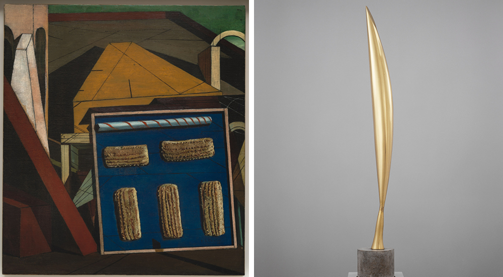 Left: The Gentle Afternoon (Le Doux Après-midi) Giorgio de Chirico (1888–1978), 1916. Oil on canvas, 65.3 x 58.3 cm, Peggy Guggenheim Collection, Venice 76.2553. Photo by David Heald © Giorgio de Chirico, by SIAE 2016 – Right: Bird in Space (L'Oiseau dans l'espace) Constantin Brancusi (1876–1957), 1932–40. Polished brass, 151.7 cm high, including base, Peggy Guggenheim Collection, Venice 76.2553 Photo by David Heald © Constantin Brancusi, by SIAE 2016