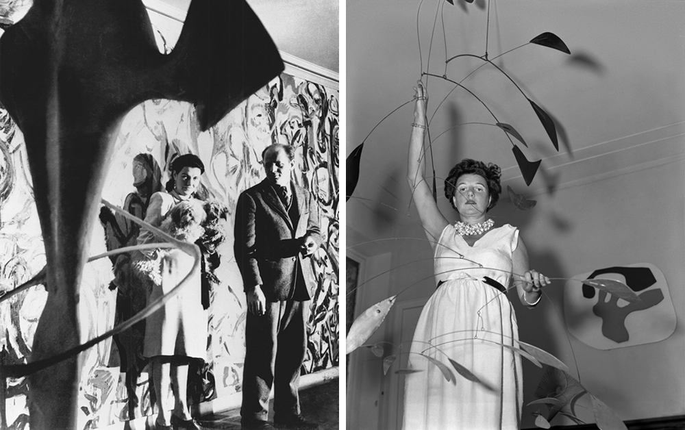 Left: Peggy Guggenheim and Jackson Pollock in front of Mural, commissioned by Peggy to Pollock for her house in New York (1943, University of Iowa Museum of Art, Iowa City, Gift Peggy Guggenheim). © Photo by George Kargar – Right: Peggy Guggenheim at Palazzo Venier dei Leoni with Alexander Calder, Arc of Petals (1941, Peggy Guggenheim Collection), behind her Jean Arp, Overturned Blue Shoe with Two Heels Under a Black Vault (1925, Peggy Guggenheim Collection), Venice, early 1950s. © Solomon R. Guggenheim Foundation. Photo Archivio Cameraphoto Epoche. Gift, Cassa di Risparmio di Venezia, 2005