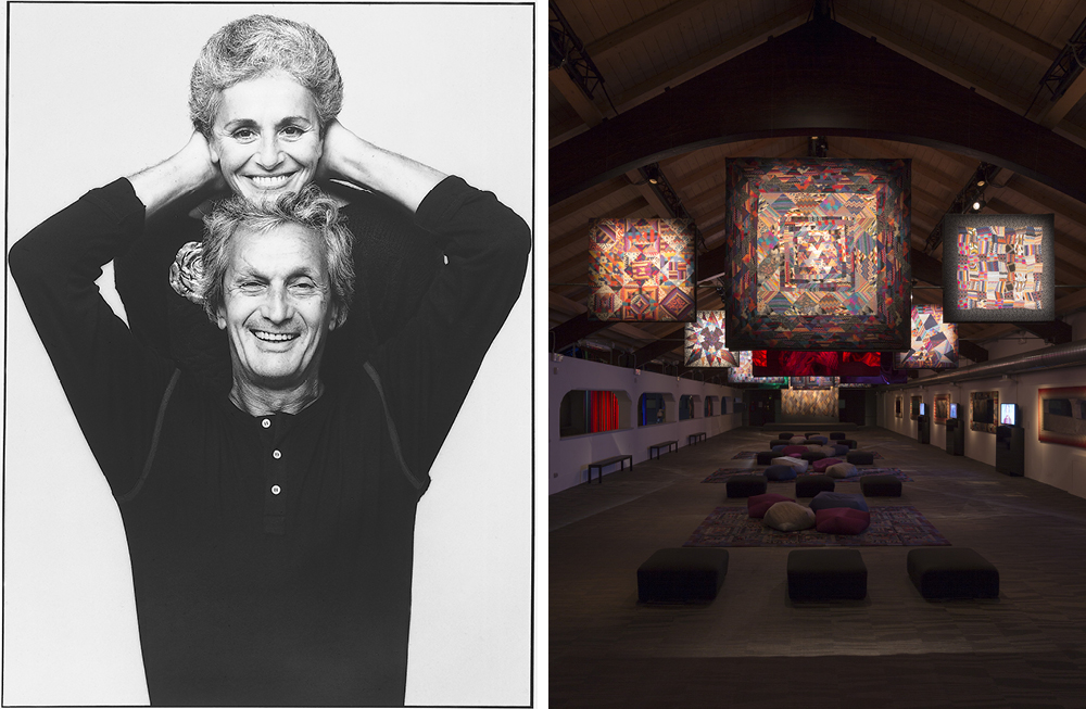 Left: Ottavio and Rosita Missoni, 1984. Photograph by Giuseppe Pino – Right: ‘La sala degli arazzi’ installation of Ottavio Missoni's patchwork of knitted fabrics at MISSONI, L’ARTE, IL COLORE, 2015