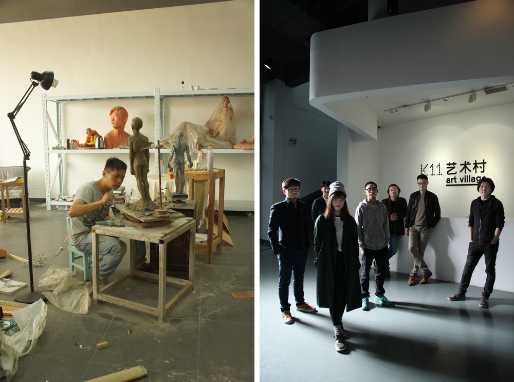 Left: The K11 art village in Wuhan, China, Studio, Li Dapeng – Right: 2015 K11 Artist’s: From Left to Right: Liu Chang, Wu Shangxuan, Wu Hui, He Rui, Kim Seung-in, Wu Qing, Cai Kai