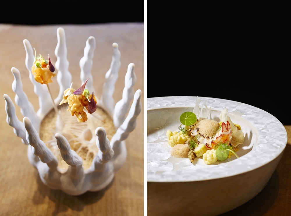 Left: fried cuttlefish popcorn, cress leaves, capers gel and paprika aioli – Right: langoustine, sweet corn mousse and puree, ”chouriço” foam, nasturtium leaves and salty lemon – Photo: Vasco Celio