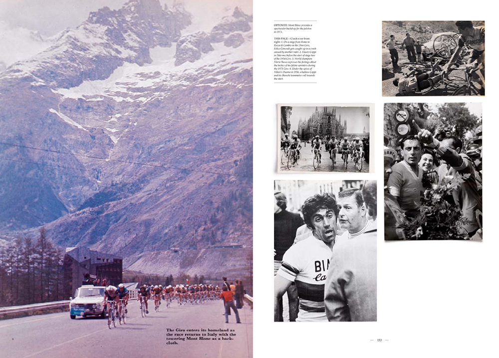 Left: Mont Blanc provides a spectacular backdrop for the peloton in 1973 – Right: Scenes of the Giro between 1954 and 1973 with the likes of Fausto Coppi, Felice Gimondi and Mario Basso