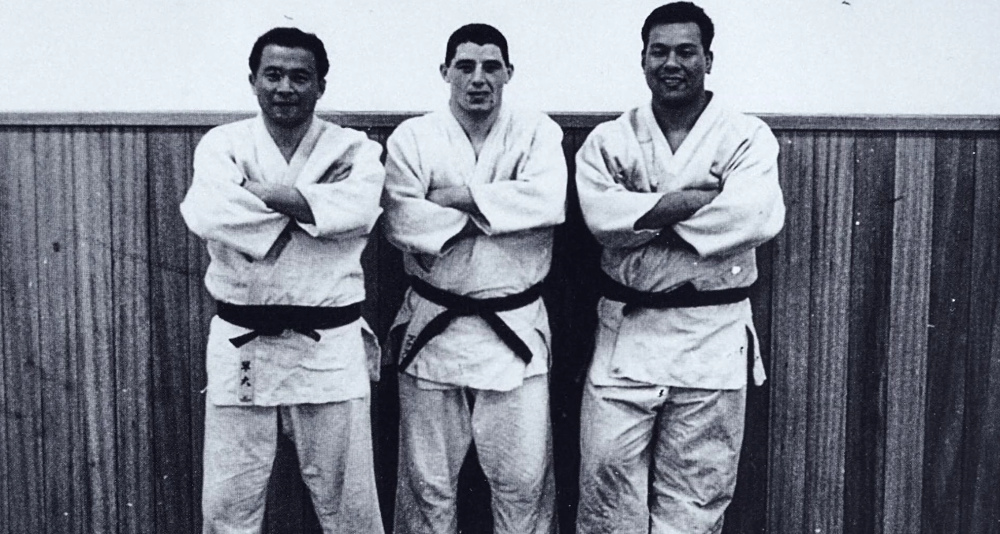 George Kerr and his training partners Osawa and Daigo at the KODOKAN Institute Tokyo, Japan, 1958