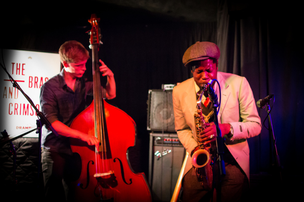 Soweto Kinch (right) performs at Drambuie's Brass and Crimson sessions, as part of Edinburgh Jazz Festival 2016
