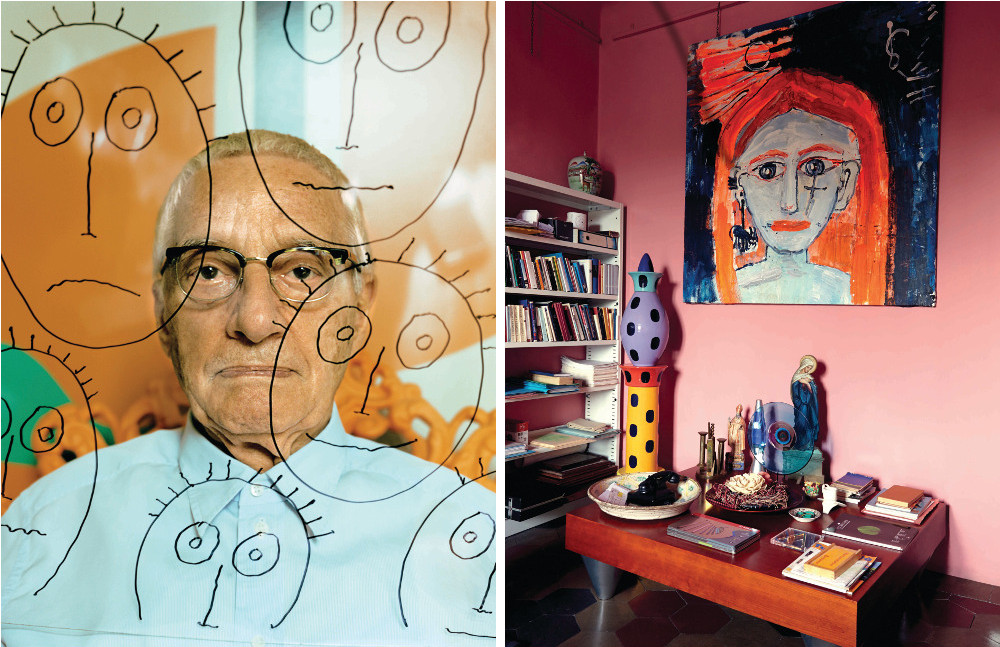 Left: Alessandro Mendini at his studio in Milan, holding a sheet of glass on which he sketched some fans in his signature cartoon-like style.  Right: A corner of Mendini's study with an Alessandro Vignoli painting hanging above the coffee table designed by Giusi Mastro. The ceramic Colonna sculpture is by Maria Christina Hamel. 