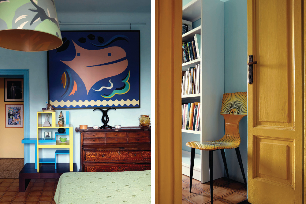 Left: Near the bedroom door are a painting and a prototype for a shelving unit, both produced by Mending in 1996. Right: A chair by Piero Fornasetti stands next to a bookcase in Mendini's bedroom. 