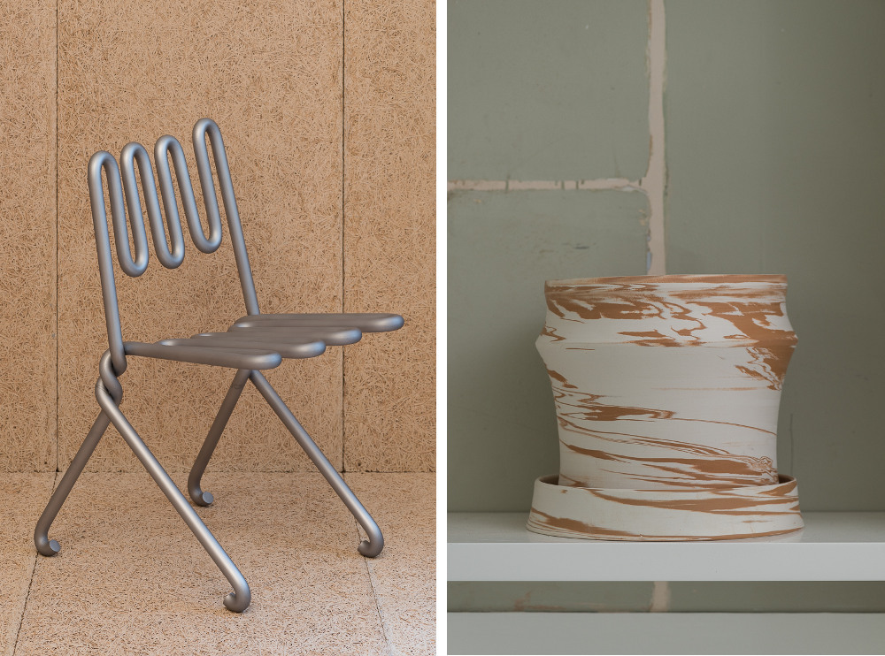 Left: Ali Bar Chair by Max Lamb Right: Duo Tone Duo by Martino Gamper  Photo credit - Damian Griffiths