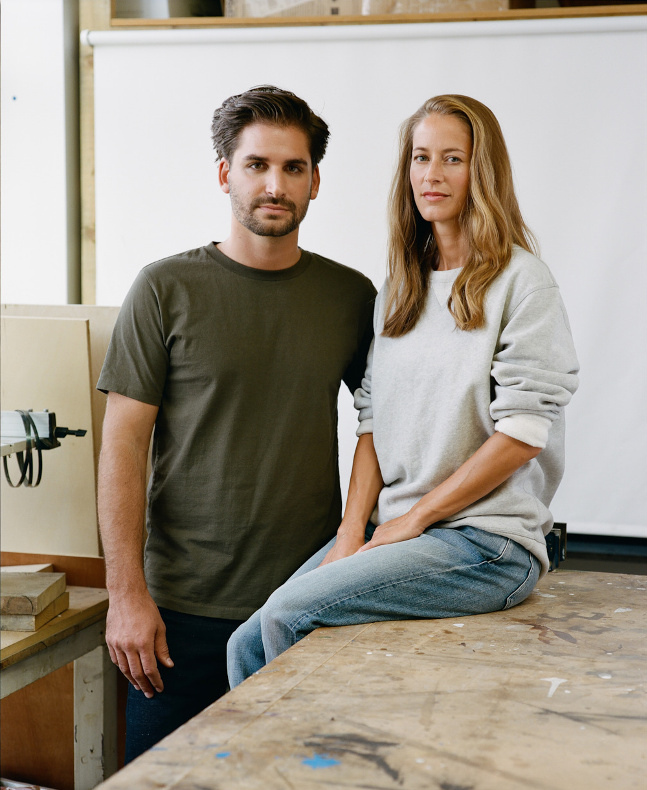 Matteo (left) wears Heavyweight 8oz T-shirt and Tack slim jeans in After Thought, Levi’s® Made &amp; Crafted™ and his own trainers. Laetitia (right) wears Crew sweatshirt and high slim authentic selvedge, Levi’s® Made &amp; Crafted™, and her own trainers