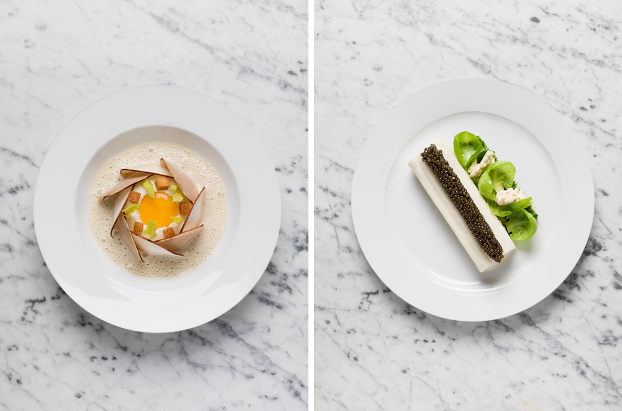 Right: Egg marquise, white truffle and cep fan, Divellec version. Left: Sole blanc  - mange glazed with arlay wine, golden caviar.