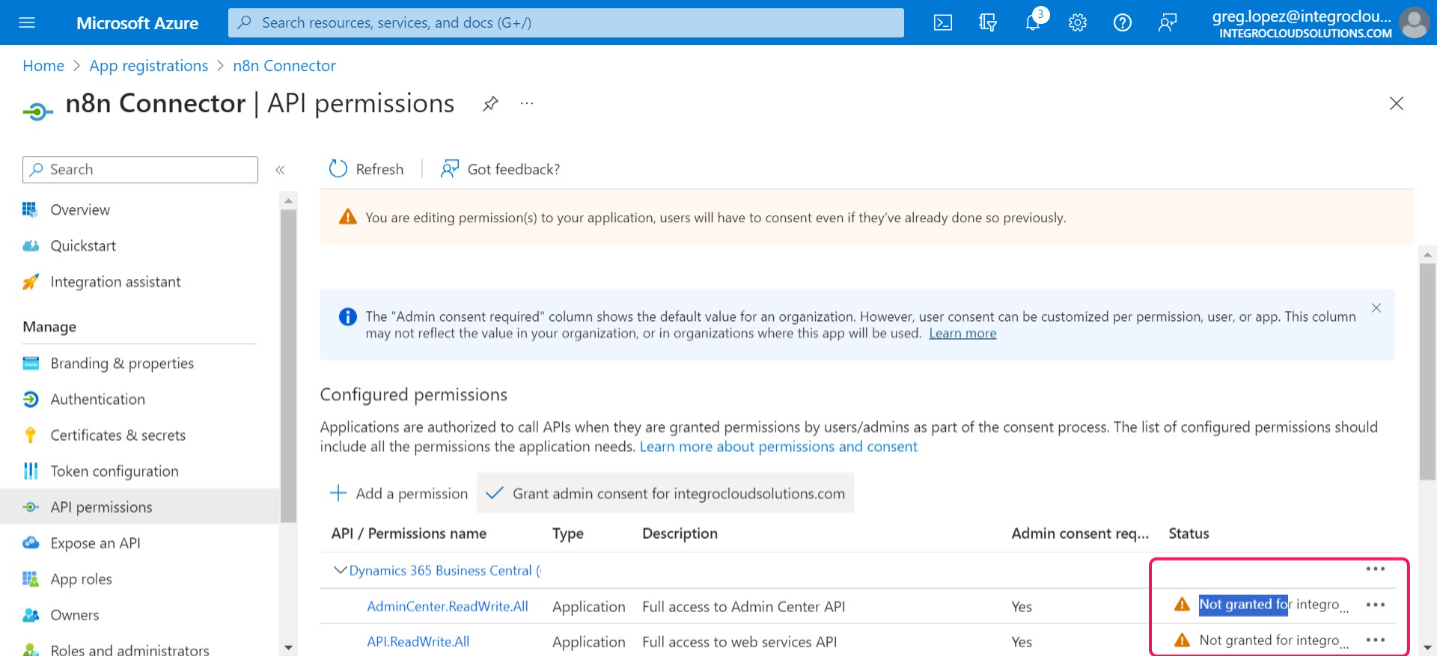 Click on "Grant admin consent for integrocloudsolutions.com"
