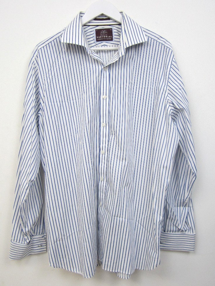 M & S Sartorial Blue/White Striped Long Sleeved Button Shirt Neck Size ...