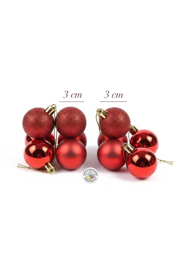 Yılbaşı Süsü Kırmızı Cici Top 6'lı Set 3 cm Parlak, Mat, Simli