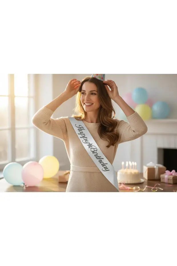 Happy Birthday Kuşak İyiki Doğdun Kuşağı Beyaz Üzerine Gümüş Yazı