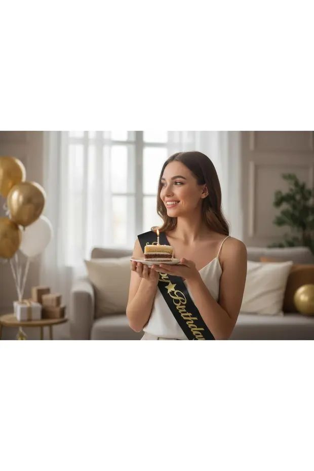 Happy Birthday Yazılı Kuşak Siyah Üzerine Gold Yazılı İyiki Doğdun Kuşağı