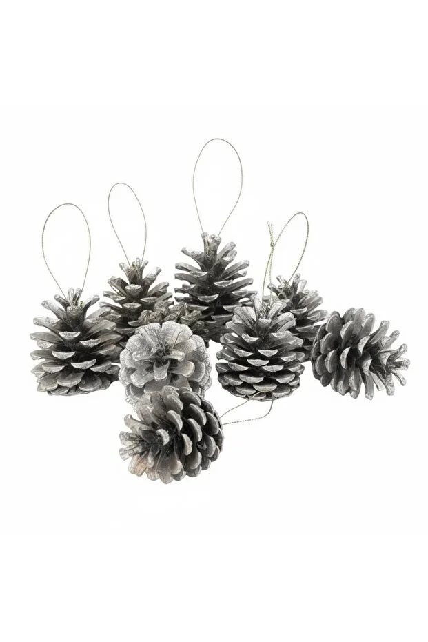 Gümüş Kozalak Yılbaşı Çam Süsü Silver Renk Kozalak 6-7-8 cm İpli Kozalak