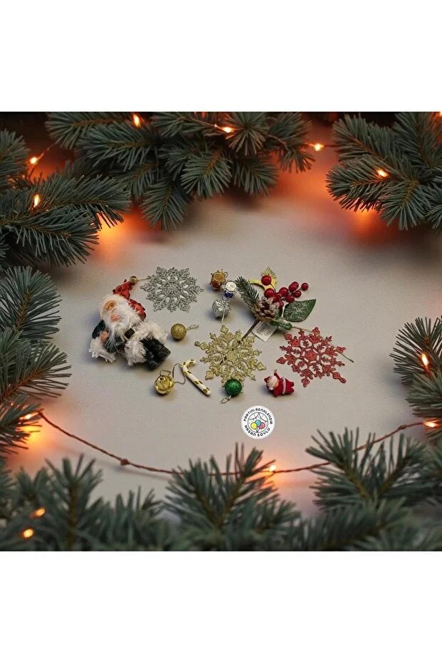Yılbaşı Süs Set Karışık Set Noel Baba Kar Tanesi Çam Dalı