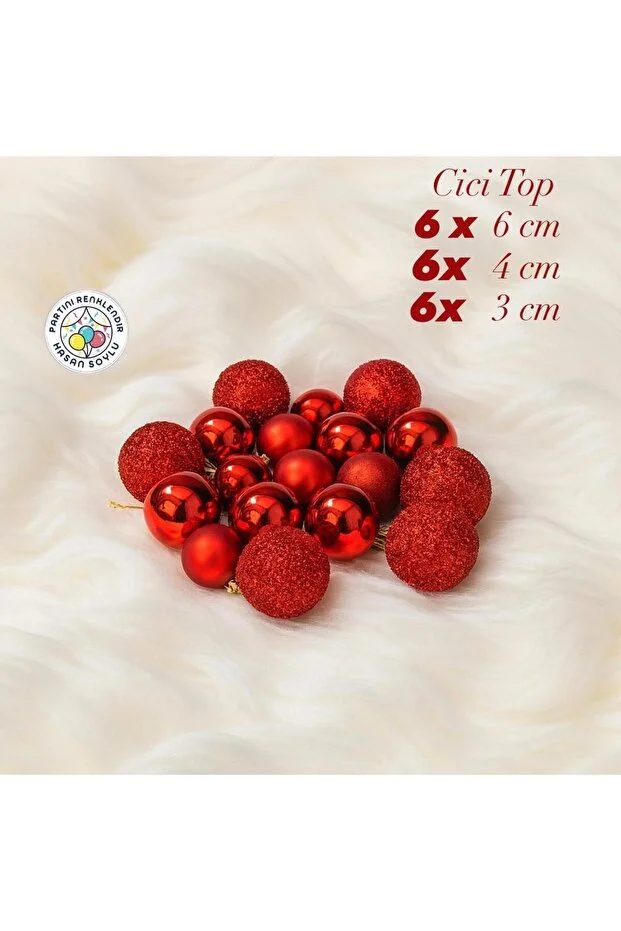 Yılbaşı Ağacı Süsü 18 Adet Kırmızı Cici Top Seti Simli, Mat, Parlak