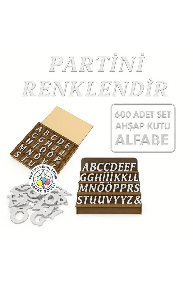 Gümüş Pleksi Alfabe, 600 Adet, 30 Çeşit, Yapışkanlı, Her Harf 20 Adet Ahşap Kutu Seti