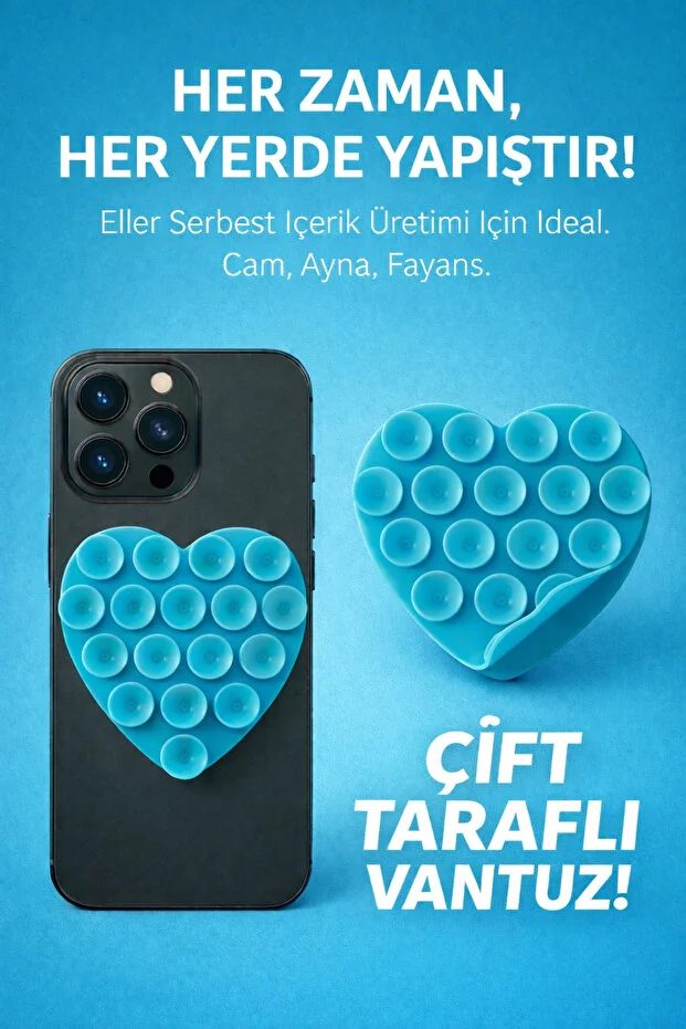 Çift Taraflı Vantuz Telefon Tutucu Slikon Kalpli