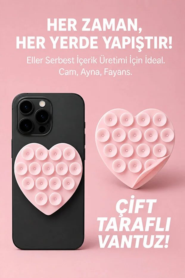 Çift Taraflı Vantuz Telefon Tutucu Slikon Kalpli