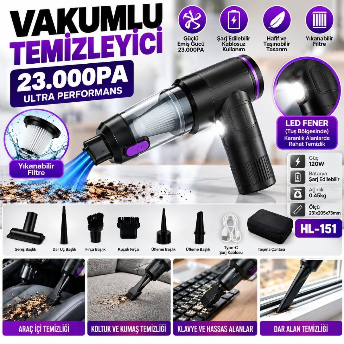 23000pa Işıklı Araç Süpürgesi